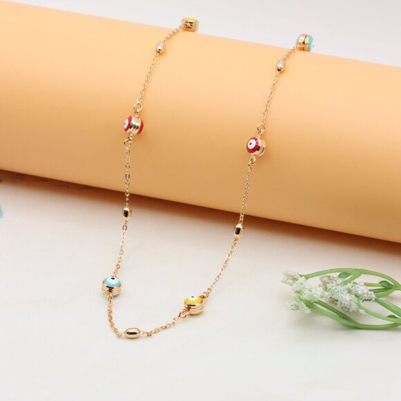 Rose Gold Plated Evil Eye Necklace with Multicolor Beads, XPNL0311 - Picture 8 of 12